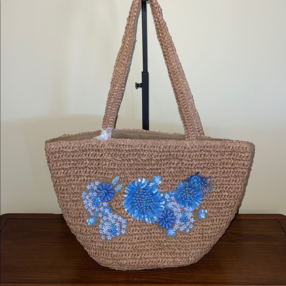 Made In India | Beaded Blue Flower Hobo/Raffia Bag - Picture 1 of 7